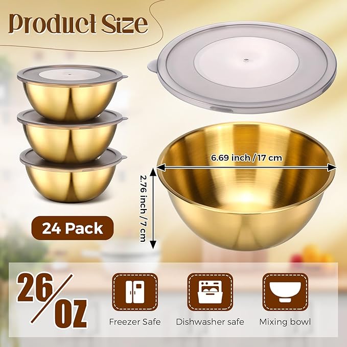 Nuogo 24 Pcs Gold Stainless Steel Mixing Bowls with Airtight Lids 6.7 Inch Gold Esthetician Bowls for Ramadan Serving Facial Salad Fruit Snack Soup Cereal Wedding Party