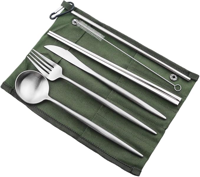 Reusable Travel Utensils, 7 Pieces Portable 18/10 Stainless Steel include Knife Fork Spoon Chopsticks Cleaning Brush Straws Portable Pouch, Eco-friendly Camping Silverware Set, Dishwasher Safe