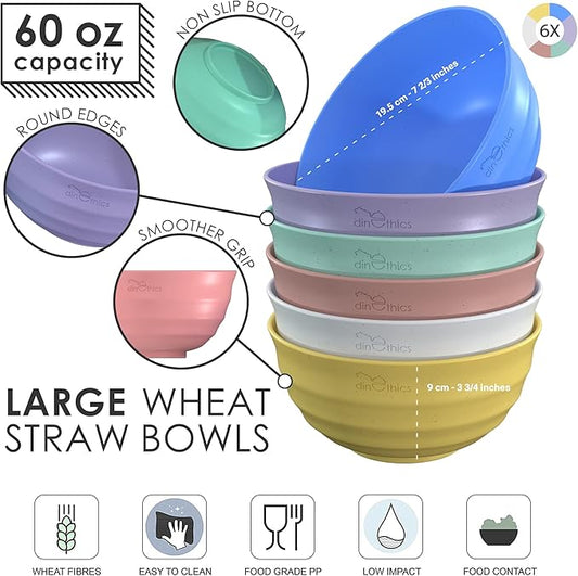 60-OZ 6 Large Bowl Set - Large Salad Bowls Large Serving Bowls For Kitchen - Dishwasher & Microwave Safe Bowls - Wheat Straw Bowls - Large Cereal Bowls - PHO Bowl for Rice, Ramen, Soup Snack