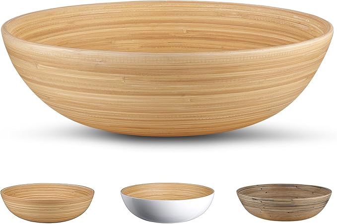 LEXA 12" Handmade Natural Bamboo Wooden Salad Bowl - 130 oz Lightweight Large Wooden Bowls for Food - Bamboo Wooden Fruit Bowl for Kitchen Counter, Wood Bowls for food - Wooden Serving Bowl for Snacks