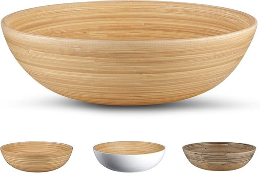 LEXA 12" Handmade Natural Bamboo Wooden Salad Bowl - 130 oz Lightweight Large Wooden Bowls for Food - Bamboo Wooden Fruit Bowl for Kitchen Counter, Wood Bowls for food - Wooden Serving Bowl for Snacks
