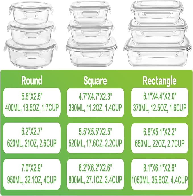 HOMBERKING Glass Food Storage Containers with Lids, [18 Piece] Glass Meal Prep Containers, Airtight Glass Lunch Bento Boxes, BPA-Free & Leak Proof (9 lids & 9 Containers) - Grey