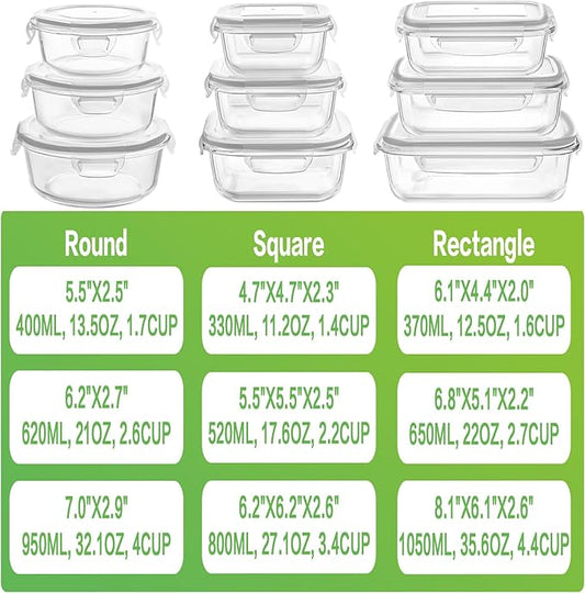 HOMBERKING Glass Food Storage Containers with Lids, [18 Piece] Glass Meal Prep Containers, Airtight Glass Lunch Bento Boxes, BPA-Free & Leak Proof (9 lids & 9 Containers) - Grey