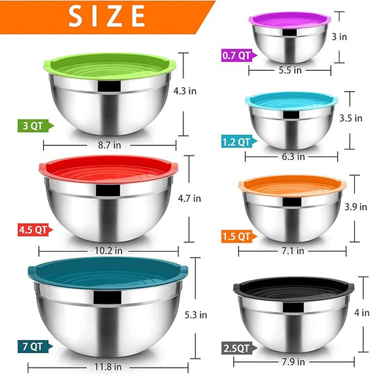 TeamFar Mixing Bowls with Lids Set of 7, Stainless Steel Nesting Mixing Bowls Set with 16 PCS Kitchen Utensils for Prepping Mixing Serving, 7, 4.5, 3, 2.5, 1.5, 1.2, 0.7 QT, Colorful