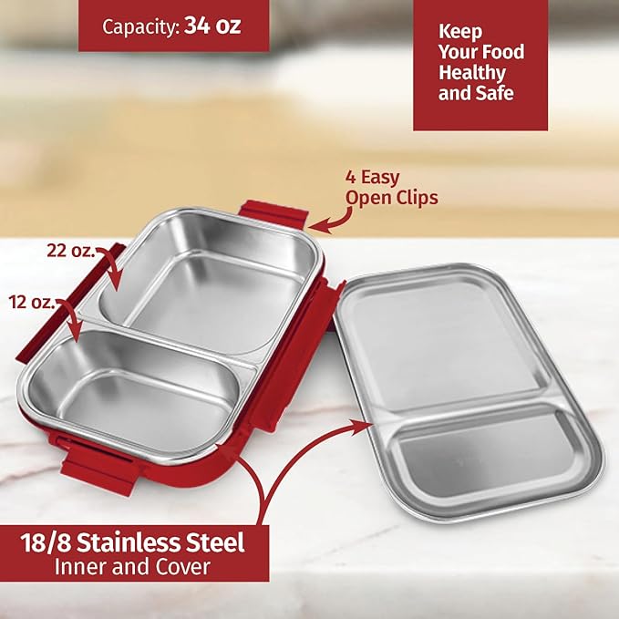Signoraware Stainless Steel Bento Box, Red, For Men, Unisex, Meal Holder, 34 Oz, Leakproof, Portion Control, Easy Carry, BPA Free, Rust Resistant