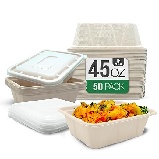 50 Pack 45 Oz Large Paper Bowls with Lids, Heavy Duty Compostable Paper Bowls for Party, Disposable Bowls Bulk Leakproof and Microwave Safe for Hot/Cold Use (45 OZ)
