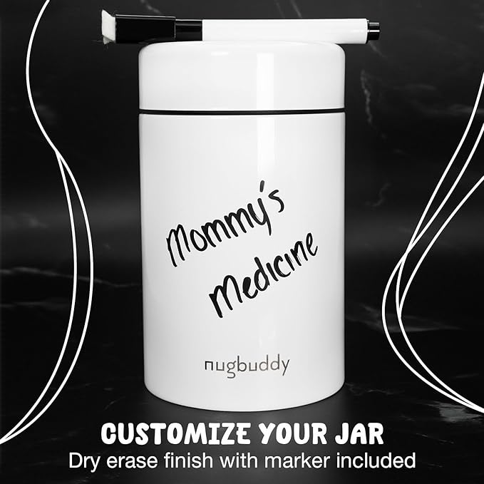 Smell Proof Container - Vacuum Insulated With Nested Glass Jar - UV Protection, Temperature Controlled Storage - Air Tight Stash Jar - Whiteboard Finish + Marker Included- 300 ml (3/4 Oz)