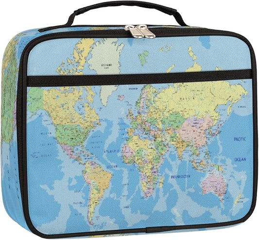 Political World Map Lunch Box for Women Men Map Blue Ocean Soft Insulated Lunch Bag with Handle Freezable Lunch Cooler Reusable Lunch Tote Bag for Office Work Sports Beach Picnic Travel