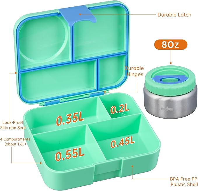Bento Lunch Box for kids With 8oz Soup Thermo,Leak-proof Lunch Containers with 4 Compartment,Thermo Food Jar, BPA Free,Travel, School