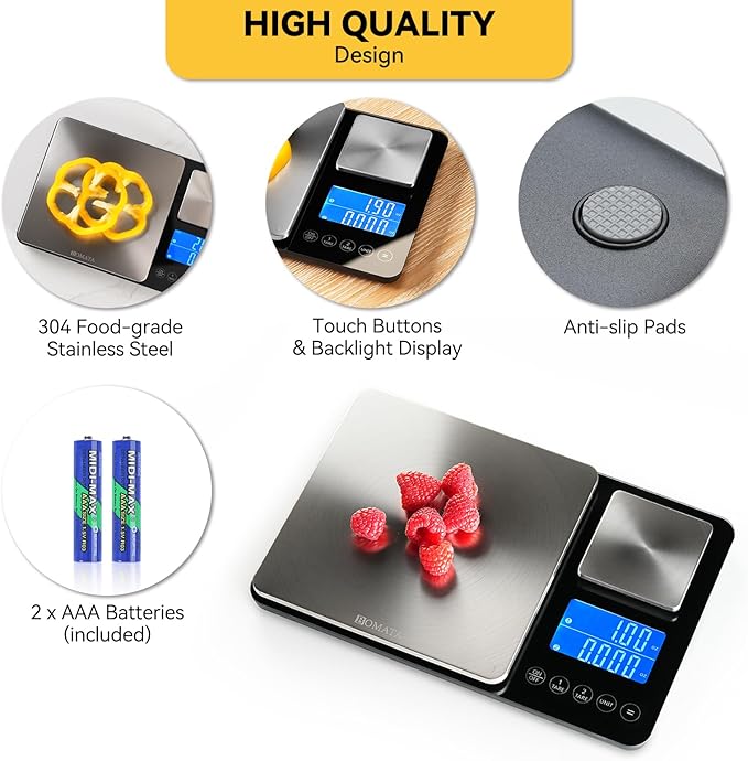 BOMATA Upgrated 0.01g/500g & 1g/15kg Dual Platform Kitchen Scale with Two Precisions, Accumulation Function, Gram and Ounce, Digital Scale for Food, Baking, Yeast, Jewelry B615