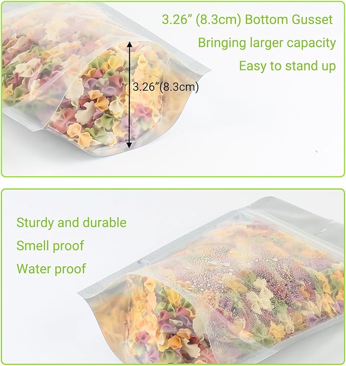 100 Pack 8 x 12 Inch Stand Up Pouch Bags Zipper Mylar Bags Clear Front with Aluminum Foil Back Reusable Food Storage Bags for Multipurpose with Gusset Bottom(5.5mil Thickness)