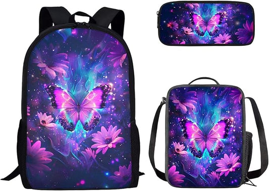 Dolyues Purple Flower Butterfly 3-Piece Kids Backpack Set: Casual Daypack with Lunch Bag and Pencil Case - 17” School Bag for Boys & Girls - Perfect for Preschool and Cool Adventures