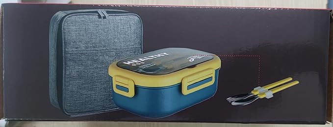Lille Home 28oz Stainless Steel Leakproof 2-Compartment Bento Lunch Box/Portion Control Food Container with Lunch Bag and Cutlery Set, BPA Free (Blue)