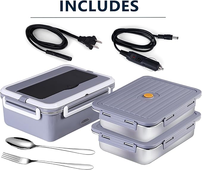 Electric Lunch Box, heated lunchbox for adults men 12V/24V/110V portable Food Warmer 80W self heating lunch boxes for Car Truck Work, heatable lunchbox with 2 Stainless Steel Containers 60-oz