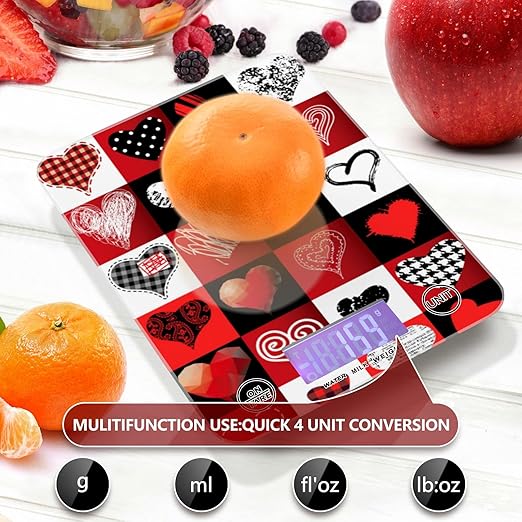 Food Scale Kitchen Digital Scale Food Ounces and Grams Dieting Baking Cooking Waterproof Glass Panels LCD Display,4 Units Scale Tare Function Valentine's Day Love Heart