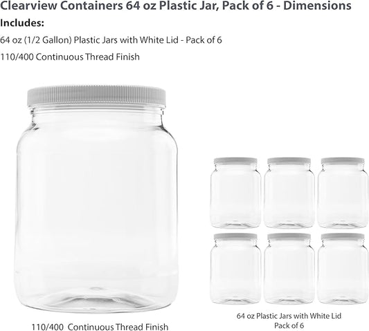 6 Pack of 64 Ounce Plastic Half Gallon Jars with 110/400 Leak Proof Seal Lid - Food Grade and BPA Free (64oz, 6pk)