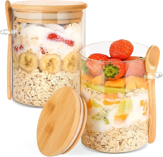 2 Pack 25oz Large Overnight Oats Containers with Lids, Overnight Oats Jars with Spoons, Glass Jars with bamboo Lids,salad jars with lids meal prep for Chia Seed Pudding Yogurt Cereal Coffee Flour