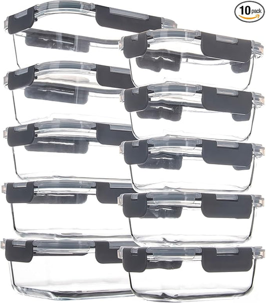10 Pack Glass Food Storage Containers with Airtight Lids, Ideal for Meal Prep, Lunches - Microwave and Dishwasher Safe, Grey