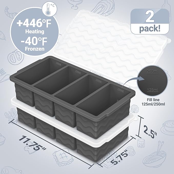 Silicone Freezer Tray for Soup with Lid – 1-Cup Soup Container Style Ice Cube Trays for Freezer, Meal Prep & Food Storage, Freeze 250mL/125mL Portions – 2 Pack