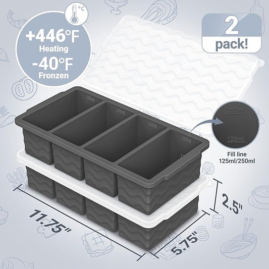 Silicone Freezer Tray for Soup with Lid – 1-Cup Soup Container Style Ice Cube Trays for Freezer, Meal Prep & Food Storage, Freeze 250mL/125mL Portions – 2 Pack