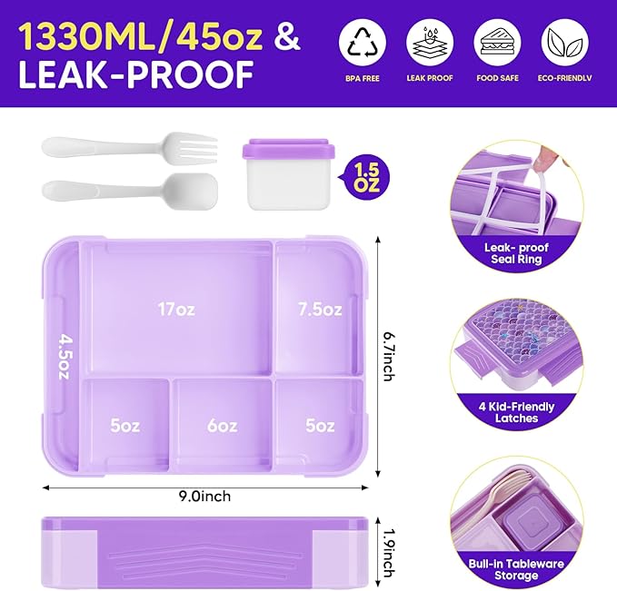 JYPS Mermaid Bento Box for Kids with Insulated Lunch Bag, Lunch box Set with kids water bottle,Sauce Container,Ice Pack,Utensils,Perfect Lunch Container for Girls and Toddlers Back to School Age 7-15