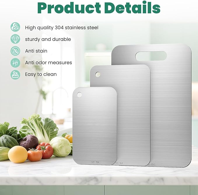 3 Packs Stainless Steel Cutting Board Small Cutting Boards for Kitchen, Metal Cutting Boards for Kitchen, Non Stick Chopping Cutting Board for Fruit Meat Vegetable(13.4x9, 11.8x7.9, 9.4x5.9 in)