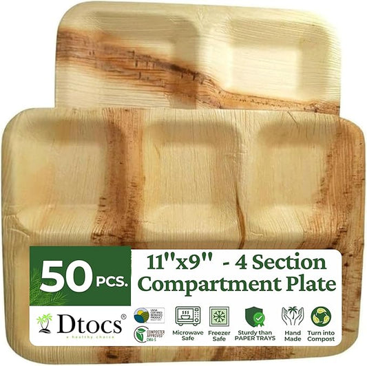 Palm Leaf Compartment Plate Disposable 11x9 Inch (50 Pc.) Bamboo Divided Plate look Compostable Portion Plates For Lunch Canteens, Picnic, Birthday | Sturdy Alternate to Paper Sectional Plates