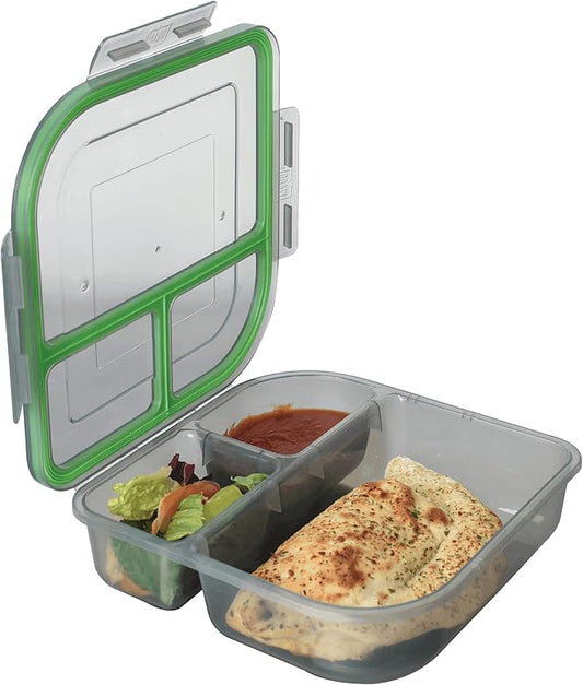 Small to-Go 3-Compartment Food Container, 8" x 8" x 2-1/2", Reusable, Microwave Safe, NSF Certified, Smoke/Green