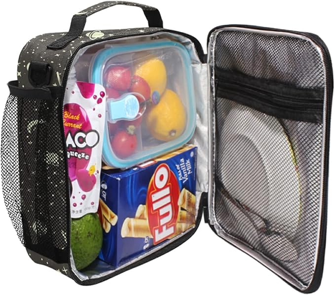 Pfrewn Galaxy Outer Space Lunch Box for School Kids Vintage Space Stars Planets Moon Meteorites Insulated Lunch Bag Reusable Cooler Meal Prep Bags Lunch Tote with Shoulder Strap for Office Adult