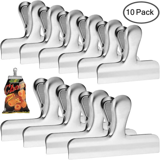 10 Pack Stainless Steel Chip Bag Clips, 3 inch and 4 inch Width, Danzix Paper Seal Grip for Coffee Food Bread Bags, Kitchen Home Usage, 6 Small and 4 Large - Sliver