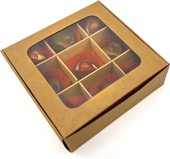 Treat boxes with window and dividers | 9 X-SMALL compartments | 5 x 5 x 1.57 in | Empty candy boxes for gift giving, truffle box - perfect for Valentine's Day | 10-pack (Kraft)