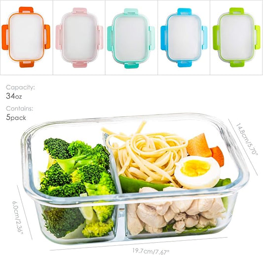 UMEIED Glass Meal Prep Containers 2 Compartment with Lids (5 Pack, 36oz), Divided Glass Storage Containers for Lunch at Work, Leak-Proof Portion Control Food Containers, Microwave/Dishwasher Safe