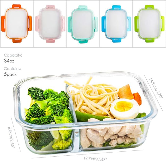 UMEIED Glass Meal Prep Containers 2 Compartment with Lids (5 Pack, 36oz), Divided Glass Storage Containers for Lunch at Work, Leak-Proof Portion Control Food Containers, Microwave/Dishwasher Safe