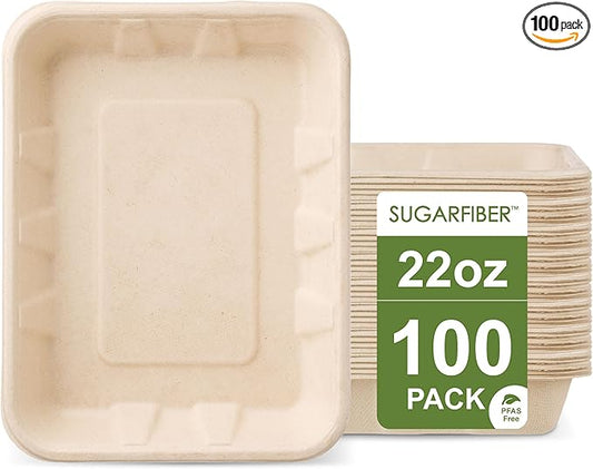 [100 COUNT]Sugarfiber by Harvest Pack 22 oz PFAS FREE Disposable Food Trays, Disposable Food Container Bagasse Serving Trays, Rectangle, Made from Sugarcane Eco-Friendly Plant Fibers, No Lids included