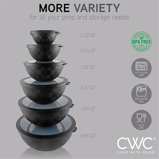COOK WITH COLOR Mixing Bowls with Lids - 12 Piece Plastic Nesting Bowls Set includes 6 Prep Bowls and 6 Lids, Non Slip Bottom and Rhombus Design - Microwave Safe (Black)