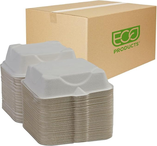Eco-Products Compostable Vanguard 6" Clamshell Sandwich Containers, Case of 500, To Go Food Burger Box, White Renewable Molded Fiber, Grease Resistant, No-Added PFAS, ASTM Compliant, BPI-Certified