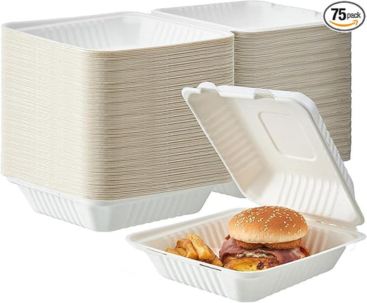 [8X8 1-Compartment 75-Pack Bio Natural Clamshell Take Out Food Containers with Lids, Disposable Bagasse Togo Trays, Eco-Friendly Biodegradable Made of Sugar Cane Fibers