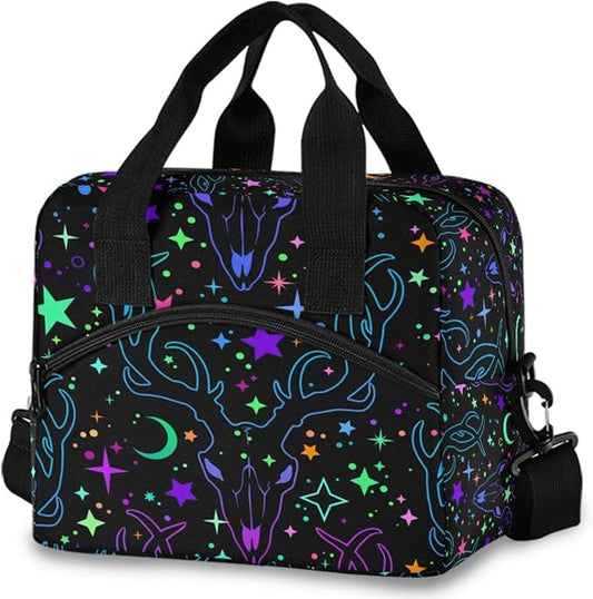 MNSRUU Insulated Lunch Bag - Deer Magic Skulls Lunch Box Tote Cooler Bag - Reusable, Leakproof with Adjustable Shoulder Strap - For Work, School