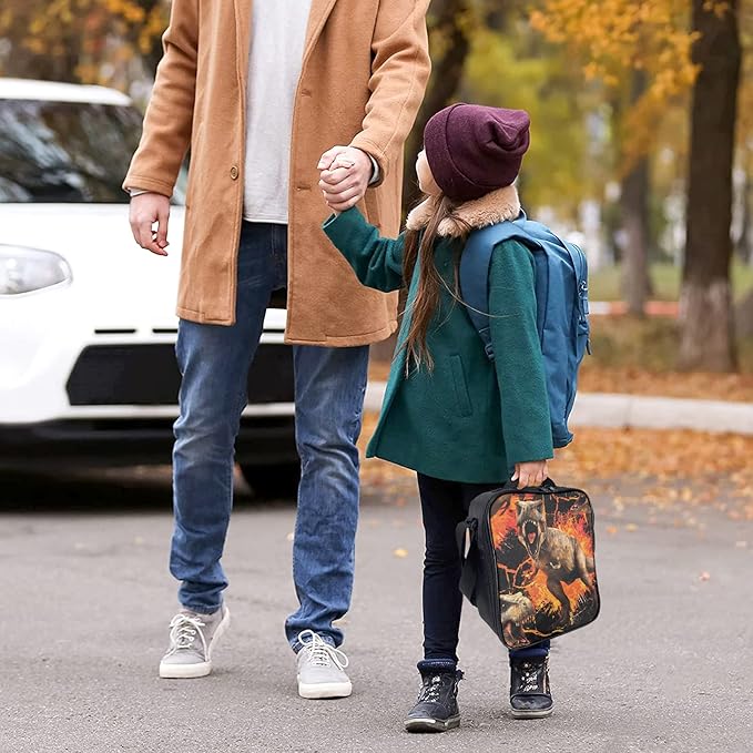 Insulated Lunch Bag for Kids, Boys Lunch Box, Dinosaur Lunch Bag with Shoulder Strap, School Bento Lunch Box for Kids Toddlers Teens, Aesthetic Cute Black Reusable Cooler Thermal Meal Tote Kit