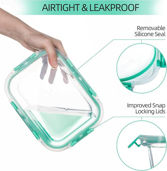 10 Pack Glass Food Storage Containers with Airtight Lids, Ideal for Meal Prep, Lunches - Microwave and Dishwasher Safe, Mint Green