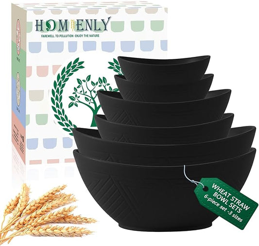 Homienly Wheat Straw Bowls Set, Premium Wheat Straw Bowls Set of 6, Mixing Bowls for Kitchen, Salad, Cereal, Nuts,Microwave & Dishwasher Safe Nesting Bowls Includes 3 Sizes(Black)