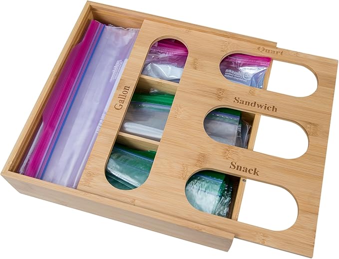 Lipper International Bamboo Storage Bag Organizer Holder and Dispenser for Kitchen Drawer or Countertop, 4 Compartment Sizes