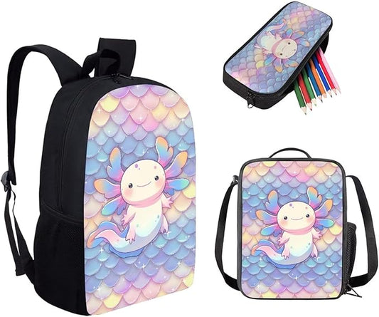 Dolyues Scale Cute Axolotl Cute Kids Backpack Set with Lunch Box & Pencil Case - 3-Piece School Bag for Primary Girls - Stylish Handbag & Pen Bag Included