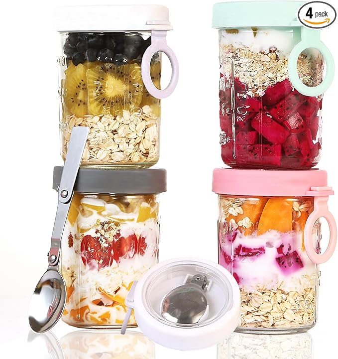 Overnight Oats Containers with Lids and Spoons - Glass Cups for Yogurt, Milk, Cereal, Pudding, Parfait, Oatmeal, Juice, Airtight Glass Canisters, 12 oz Mason Jars, Set of 4