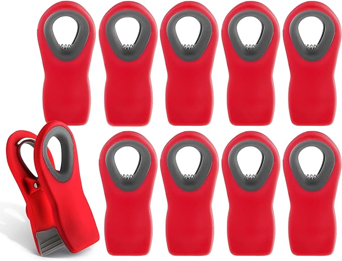 COOK WITH COLOR Bag Clips with Magnet- Food Clips, Chip Clips, Bag Clips for Food Storage with Airtight Seal Grip for Bread Bags, Snack Bags and Food Bags (Red, Pack of 10)