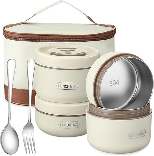 Dandat 4 Pcs Insulated Bento Box Portable Stainless Steel Food Container Round Microwave Safe Stackable Leakproof Thermal Food Container for Adult Men Women with Insulated Bag, 74 oz(Beige)