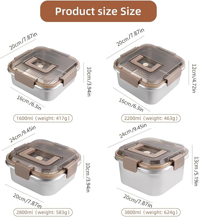 Food Storage Containers Outdoor 304 Stainless Steel Crisper Box Refrigerator Freezer Storage Box Fruit Seal Box Microwave Oven Heat-resistant (2200ML)