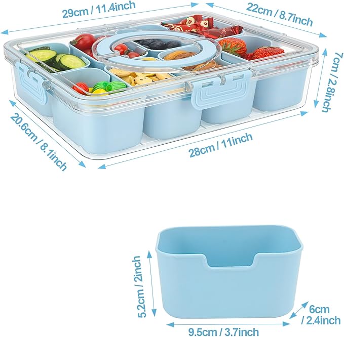 shopwithgreen 2Pcs Snackle Box Container, Divided Serving Tray with Lid and Handle, Snack Box Container Food Platter Charcuterie for Party, Veggies, Snack, Fruit, Nuts, Entertaining, Picnic,Blue