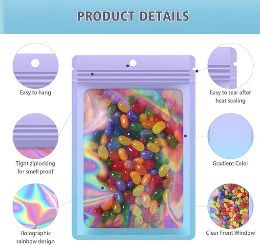 100 Pieces Resealable Mylar Bags, Smell Proof Bags with Clear Window for Food Storage Party Favor Packaging Small Business (Purple&Light Blue, 2.4×4)