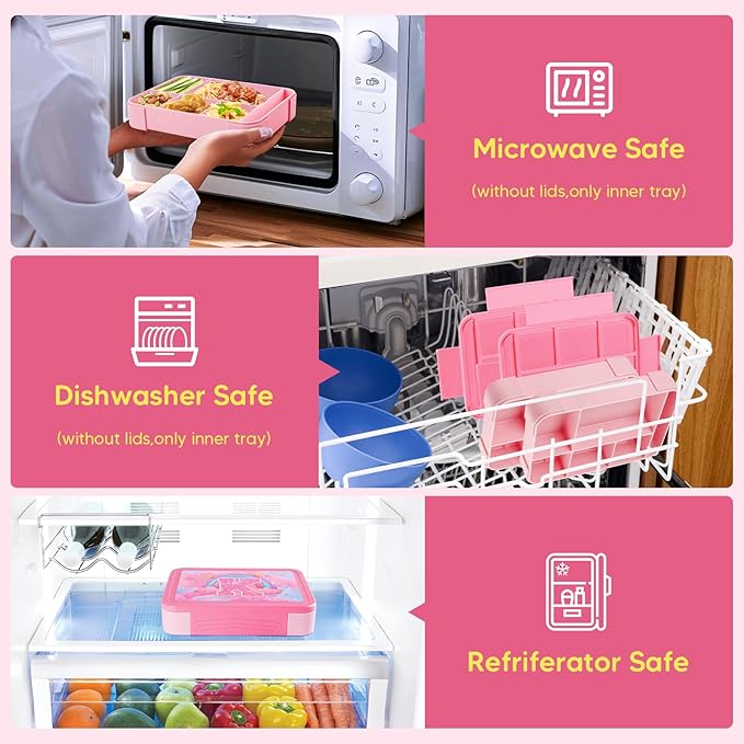 JYPS Bento Box for Kids with Leak-proof Insulated Lunch Bag,BPA Free Kids Lunch Box with 6 Compartment,Salad Container,Utensils,Perfect Lunchbox for Girls and Toddlers Back to School Age 7-15(Pink K)